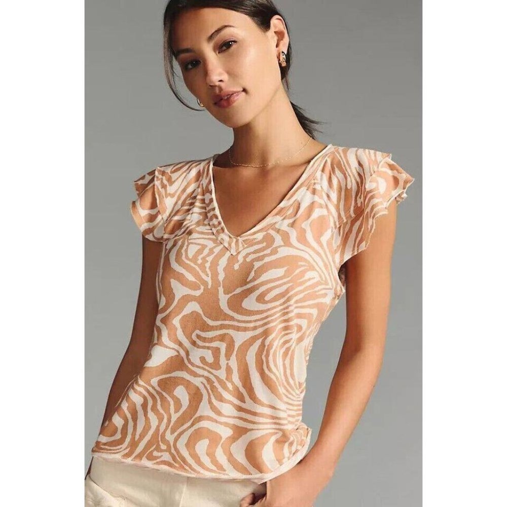 Maeve Anthropologie Catie Ruffle-Sleeved Tee Blouse Top Printed